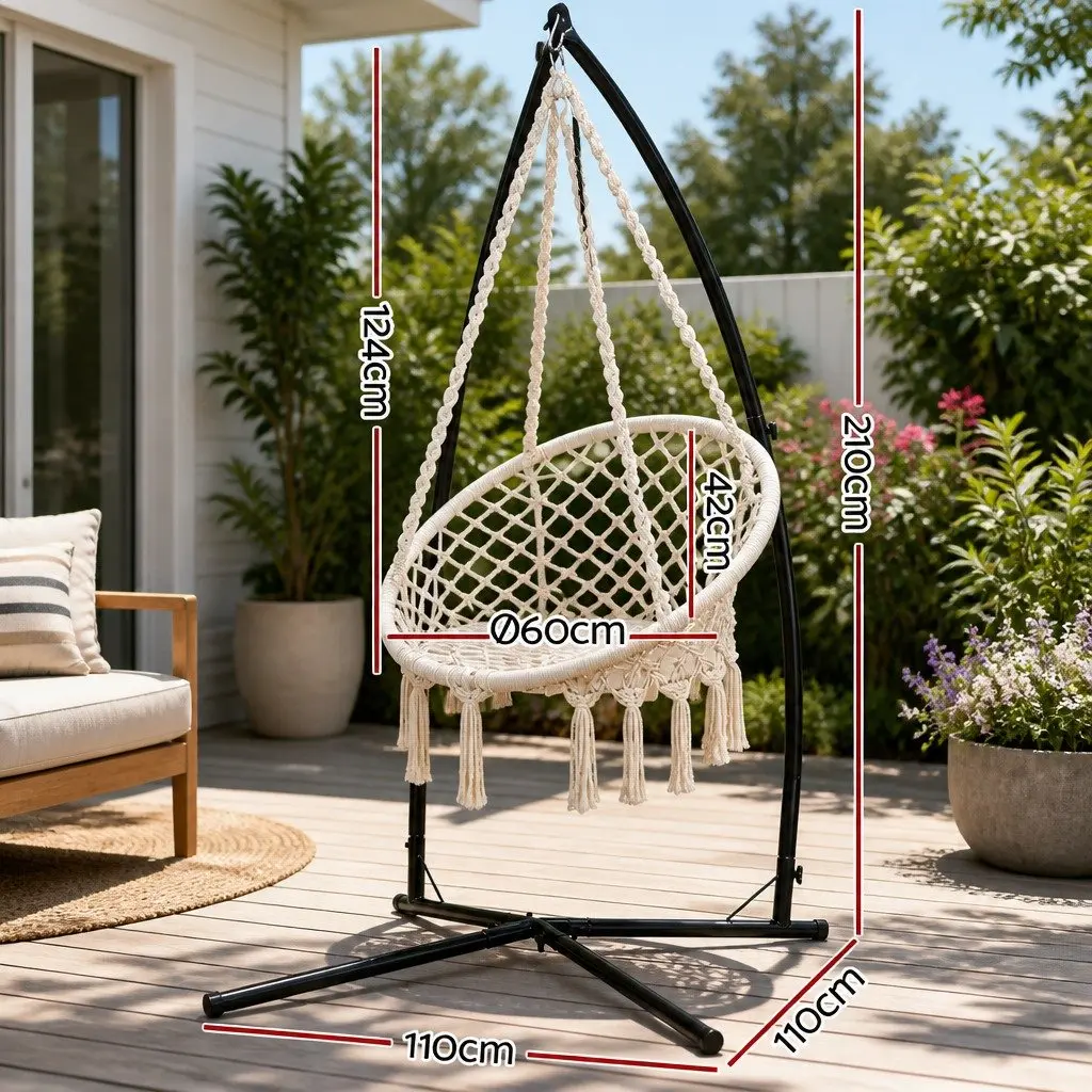 Hammock Chair Macrame Cream with Steel Stand Outdoor Swinging Relaxation Seat 60cm