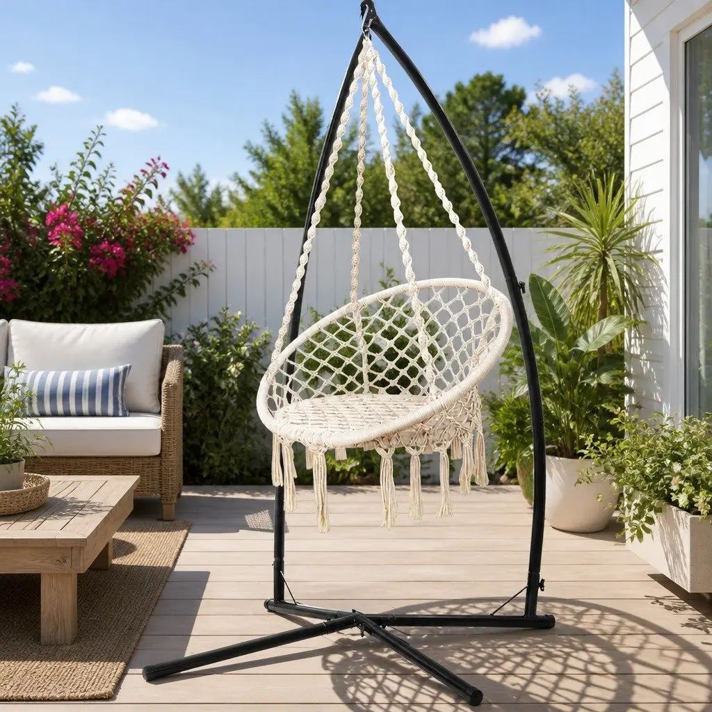 Hammock Chair Macrame Cream with Steel Stand Outdoor Swinging Relaxation Seat 60cm