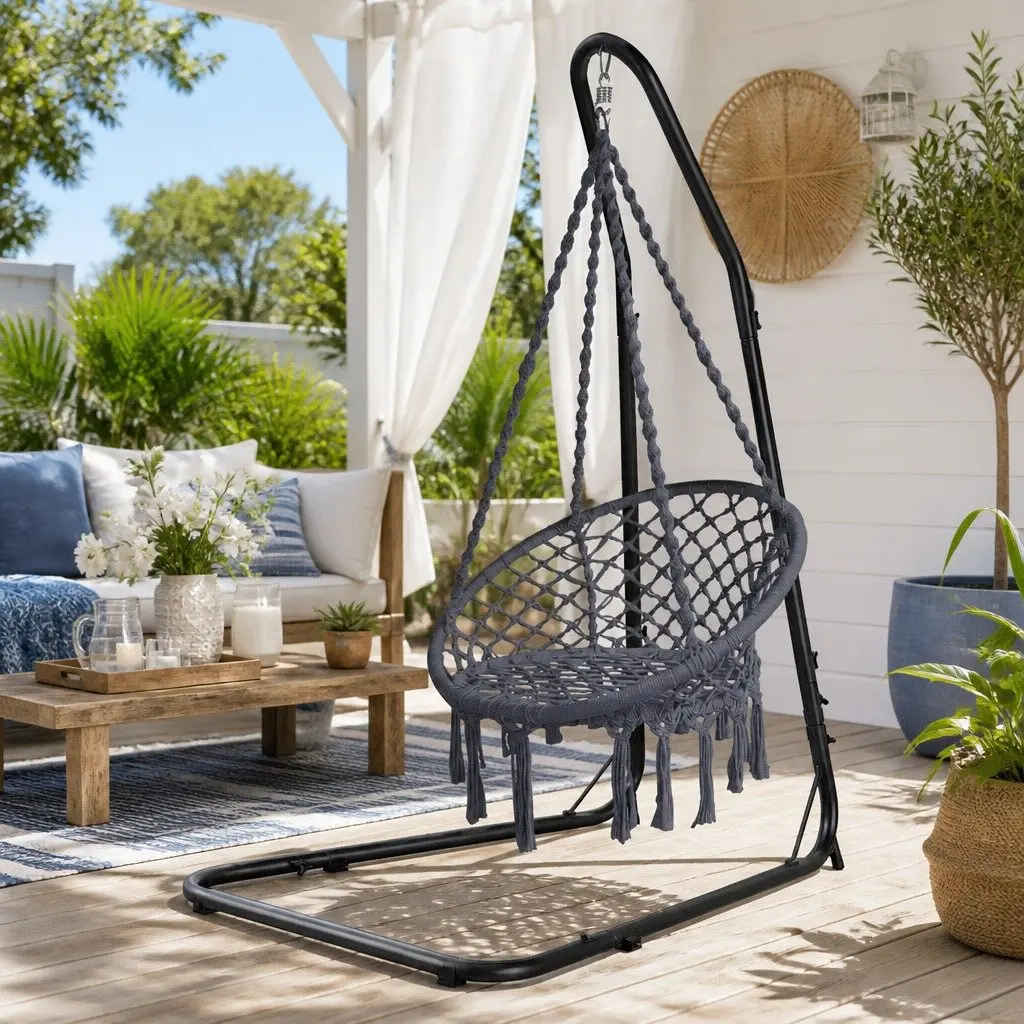 Hammock Hanging Chair Steel Stand Indoor Outdoor Relaxation Swing Grey Black