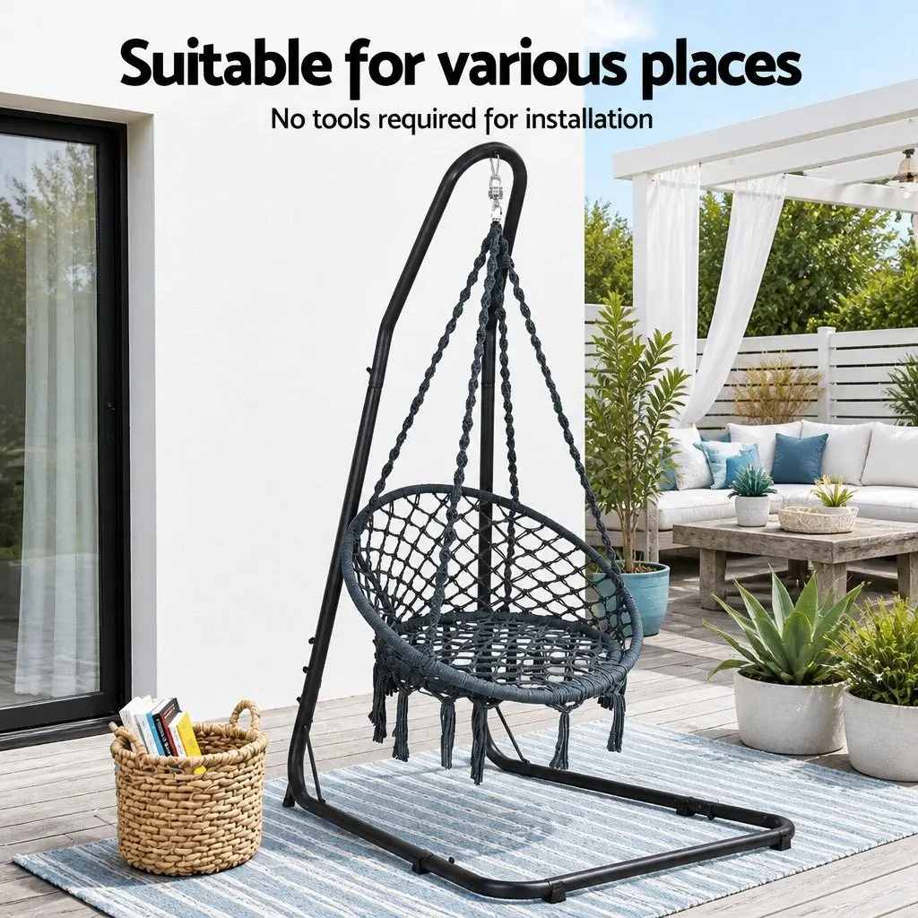 Hammock Hanging Chair Steel Stand Indoor Outdoor Relaxation Swing Grey Black