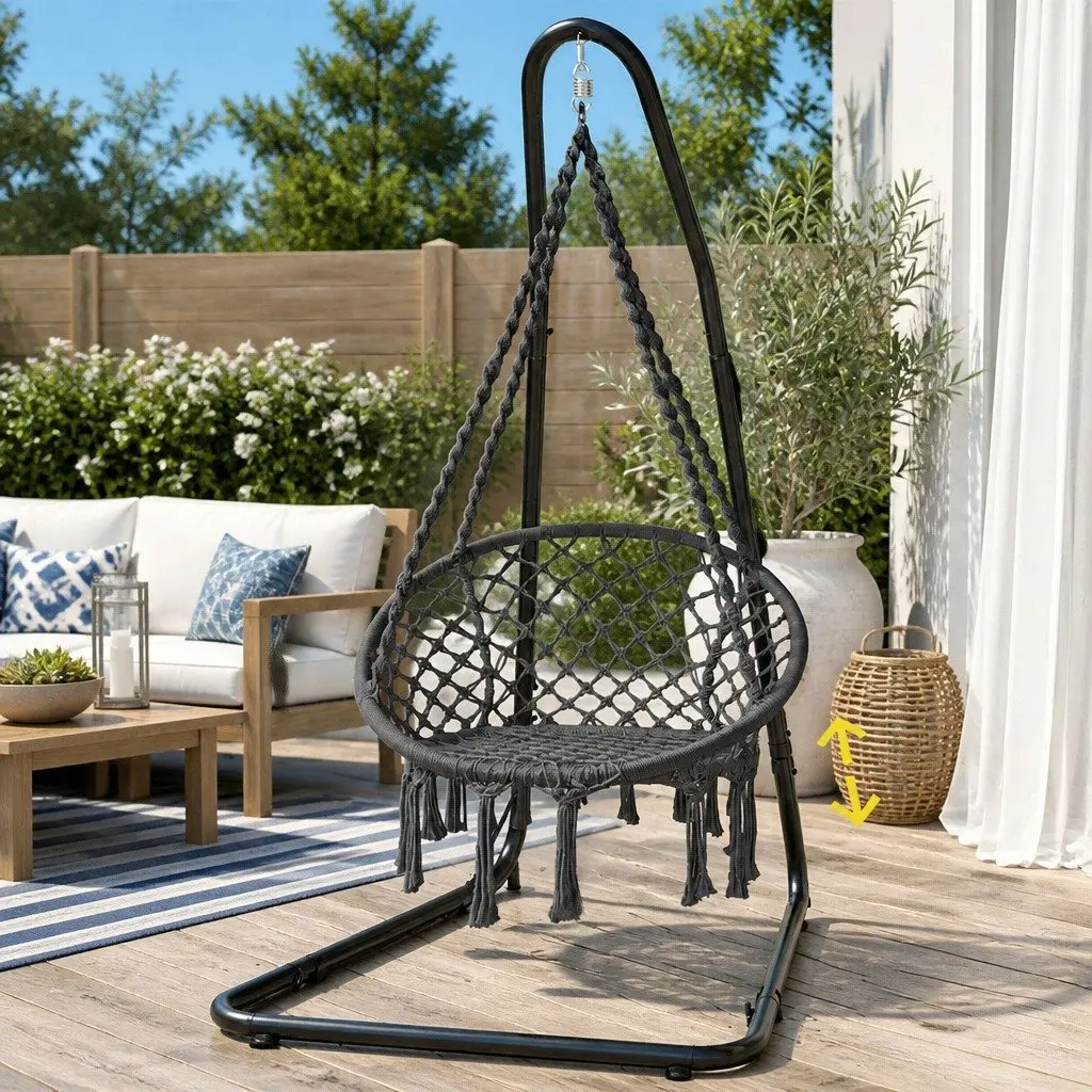 Hammock Hanging Chair Steel Stand Indoor Outdoor Relaxation Swing Grey Black