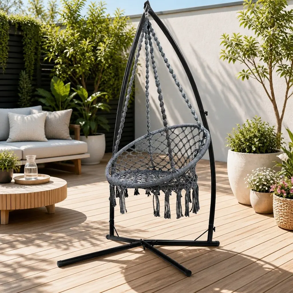 Hammock Chair Macrame Cotton Polyester Blend with Steel Stand for Outdoor Relaxation 60cm Grey