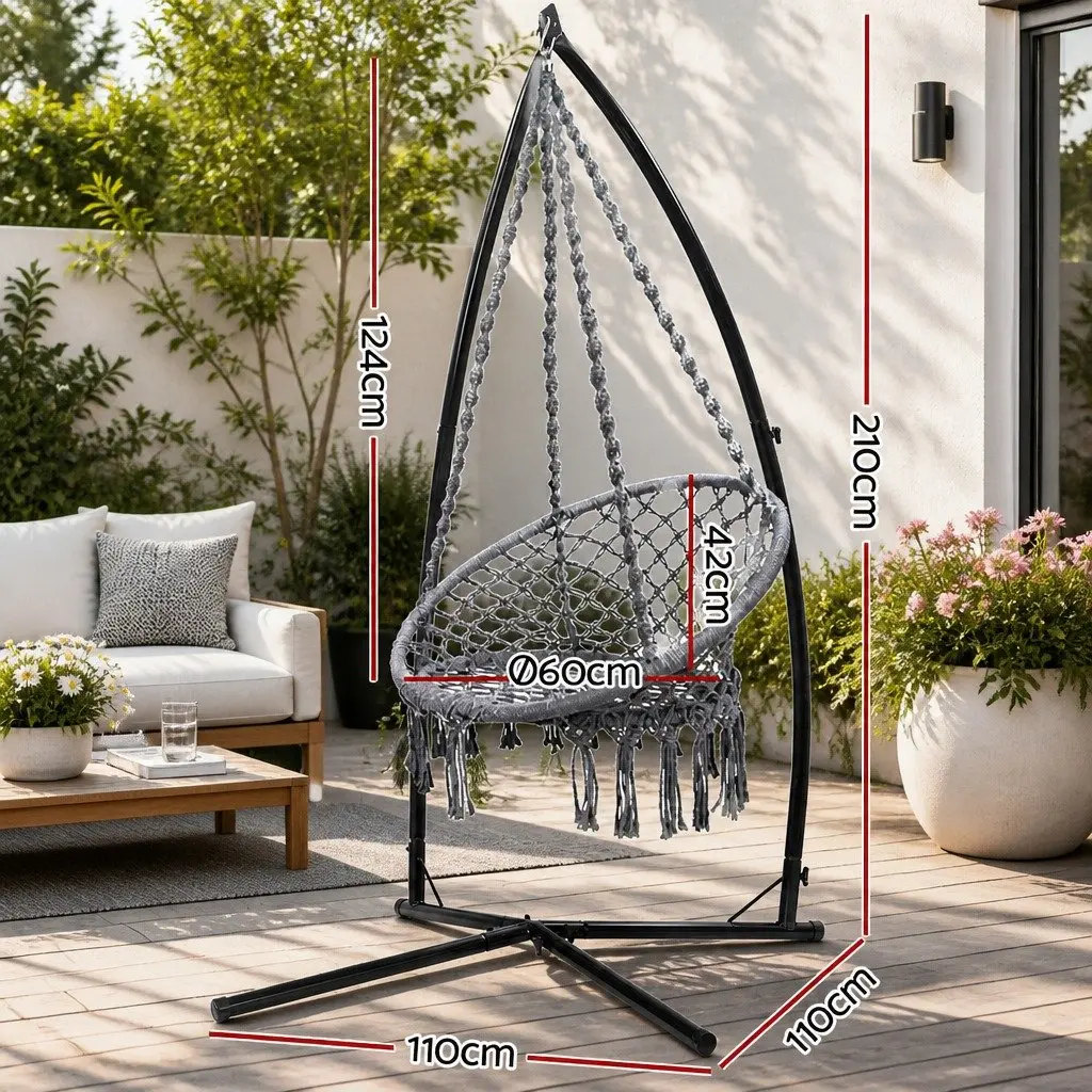 Hammock Chair Macrame Cotton Polyester Blend with Steel Stand for Outdoor Relaxation 60cm Grey