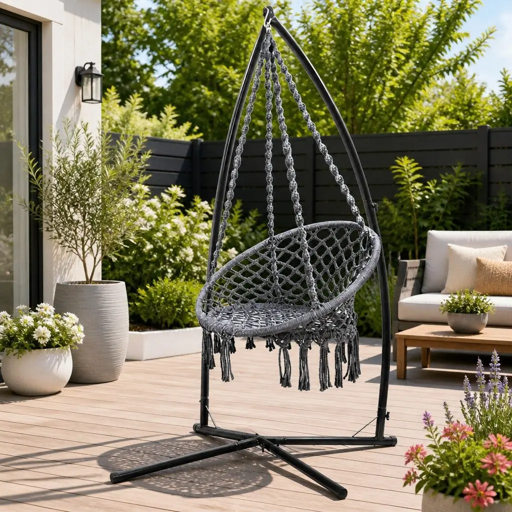 Hammock Chair Macrame Cotton Polyester Blend with Steel Stand for Outdoor Relaxation 60cm Grey