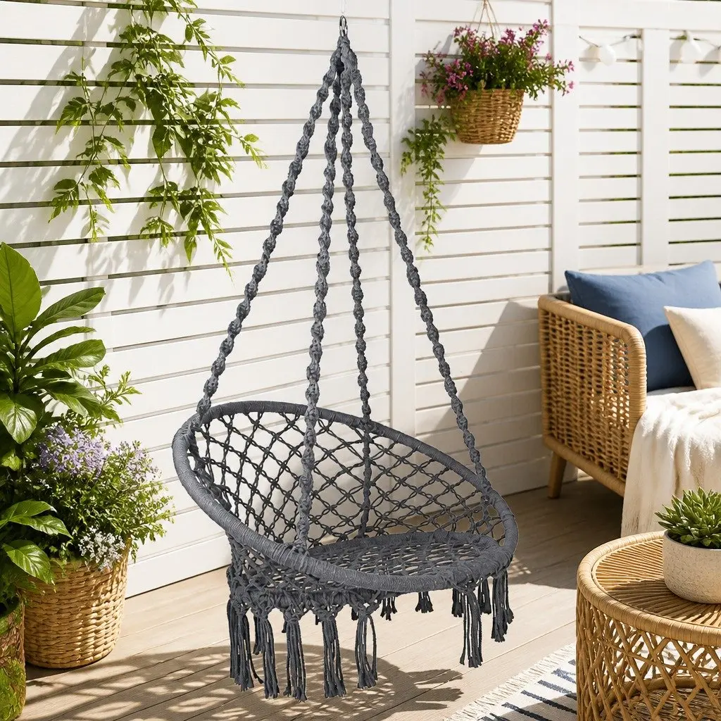 Hammock Chair Outdoor Hanging Macrame Cotton Grey Indoor Relaxation Swing