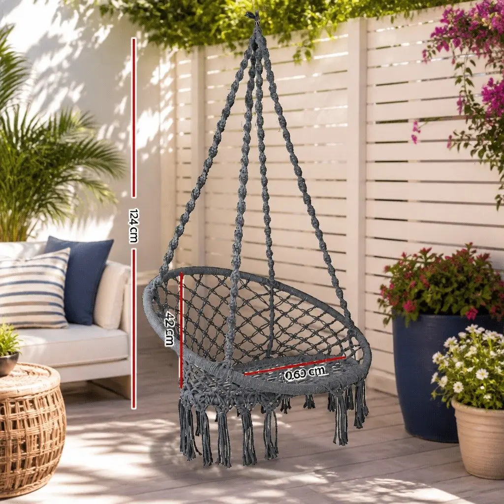Hammock Chair Macrame Cotton 60cm Grey Indoor Outdoor Relaxation Swing