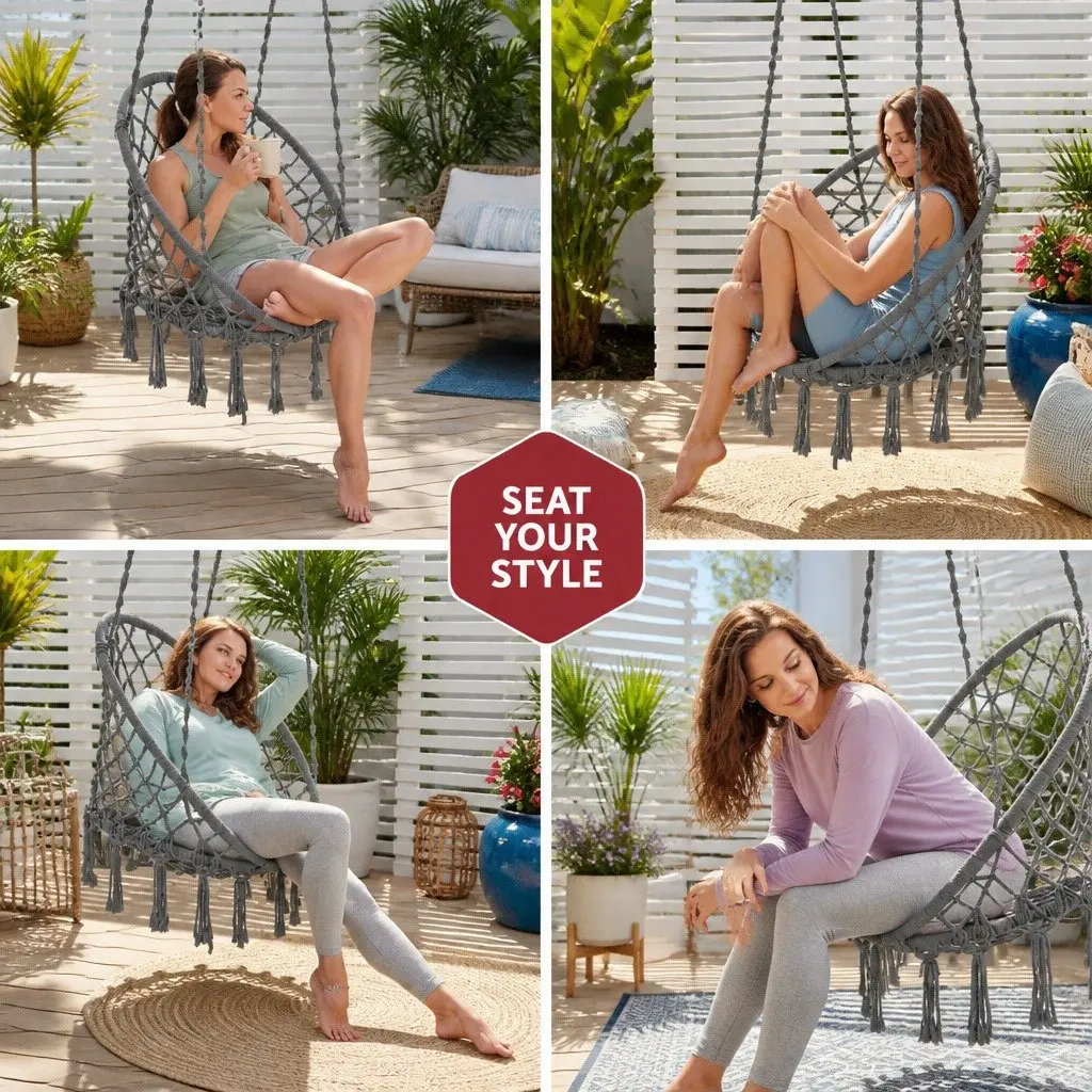 Hammock Chair Macrame Cotton 60cm Grey Indoor Outdoor Relaxation Swing
