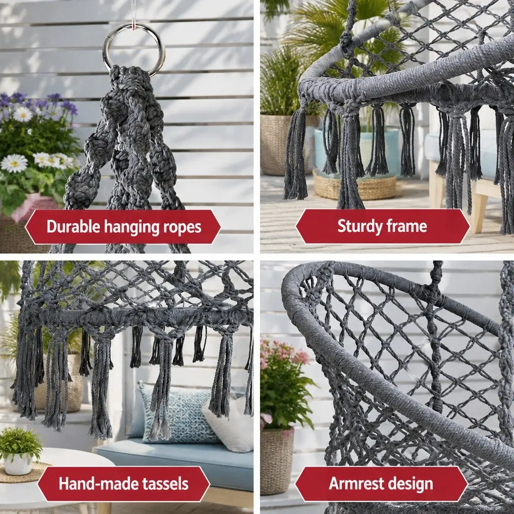 Hammock Chair Macrame Cotton 60cm Grey Indoor Outdoor Relaxation Swing