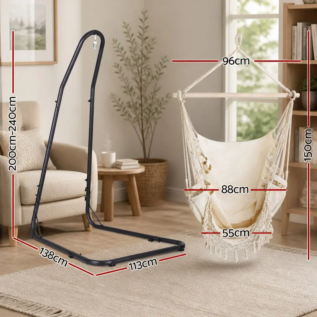 Hammock Hanging Chair Polyester Cotton Blend with Steel Stand 96cm x 150cm Cream Black