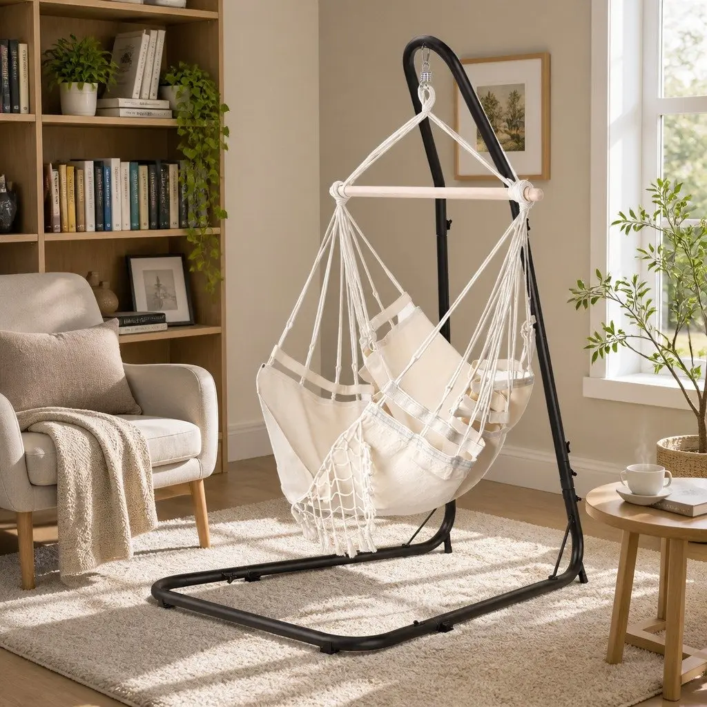 Hammock Hanging Chair Polyester Cotton Blend with Steel Stand 96cm x 150cm Cream Black