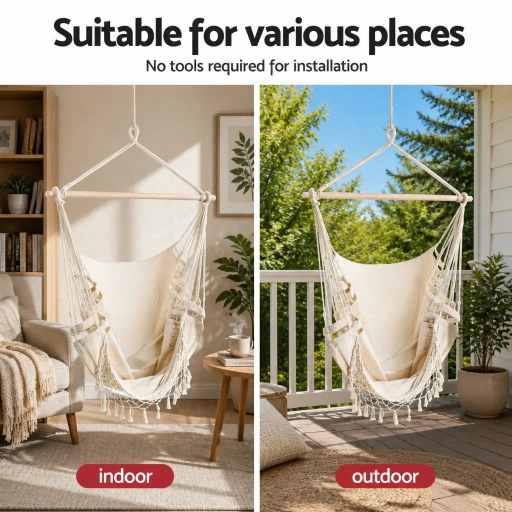Hammock Hanging Chair Polyester Cotton Blend with Steel Stand 96cm x 150cm Cream Black