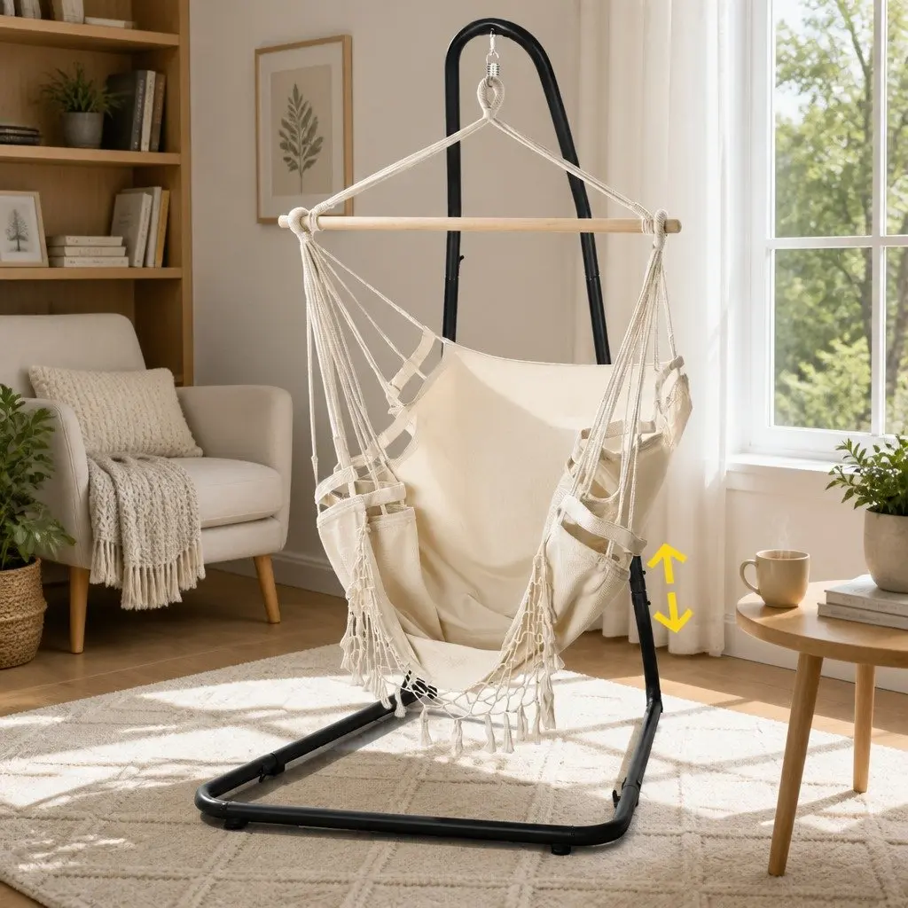 Hammock Hanging Chair Polyester Cotton Blend with Steel Stand 96cm x 150cm Cream Black