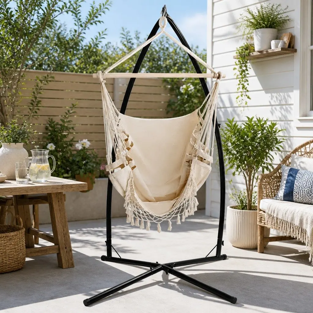 Hammock Chair Polyester Cotton Blend with Steel Stand 150 x 90cm Cream