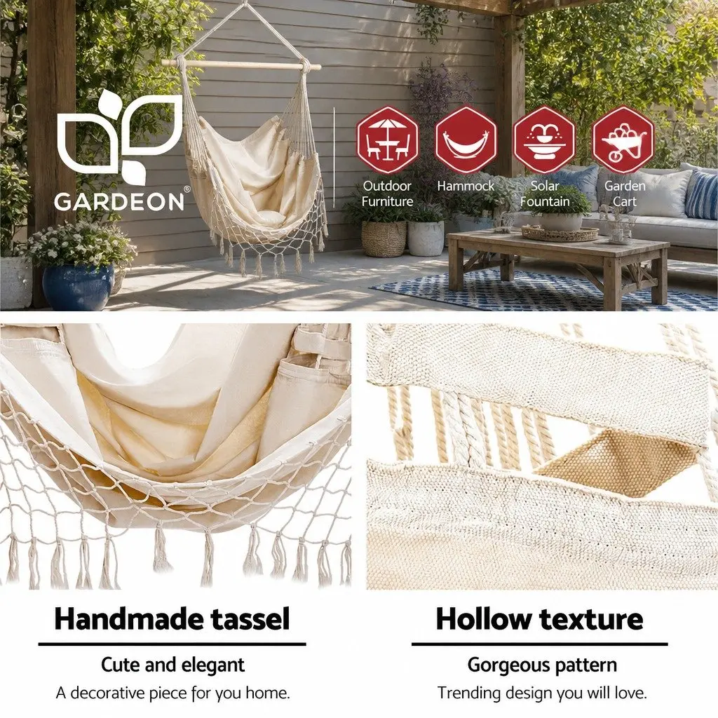 Hammock Chair Polyester Cotton Blend with Steel Stand 150 x 90cm Cream
