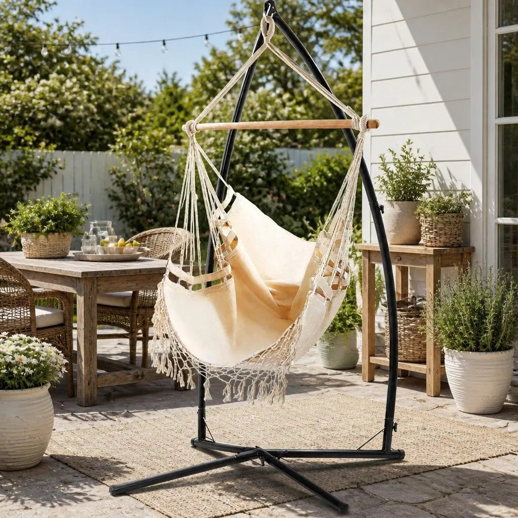 Hammock Chair Polyester Cotton Blend with Steel Stand 150 x 90cm Cream