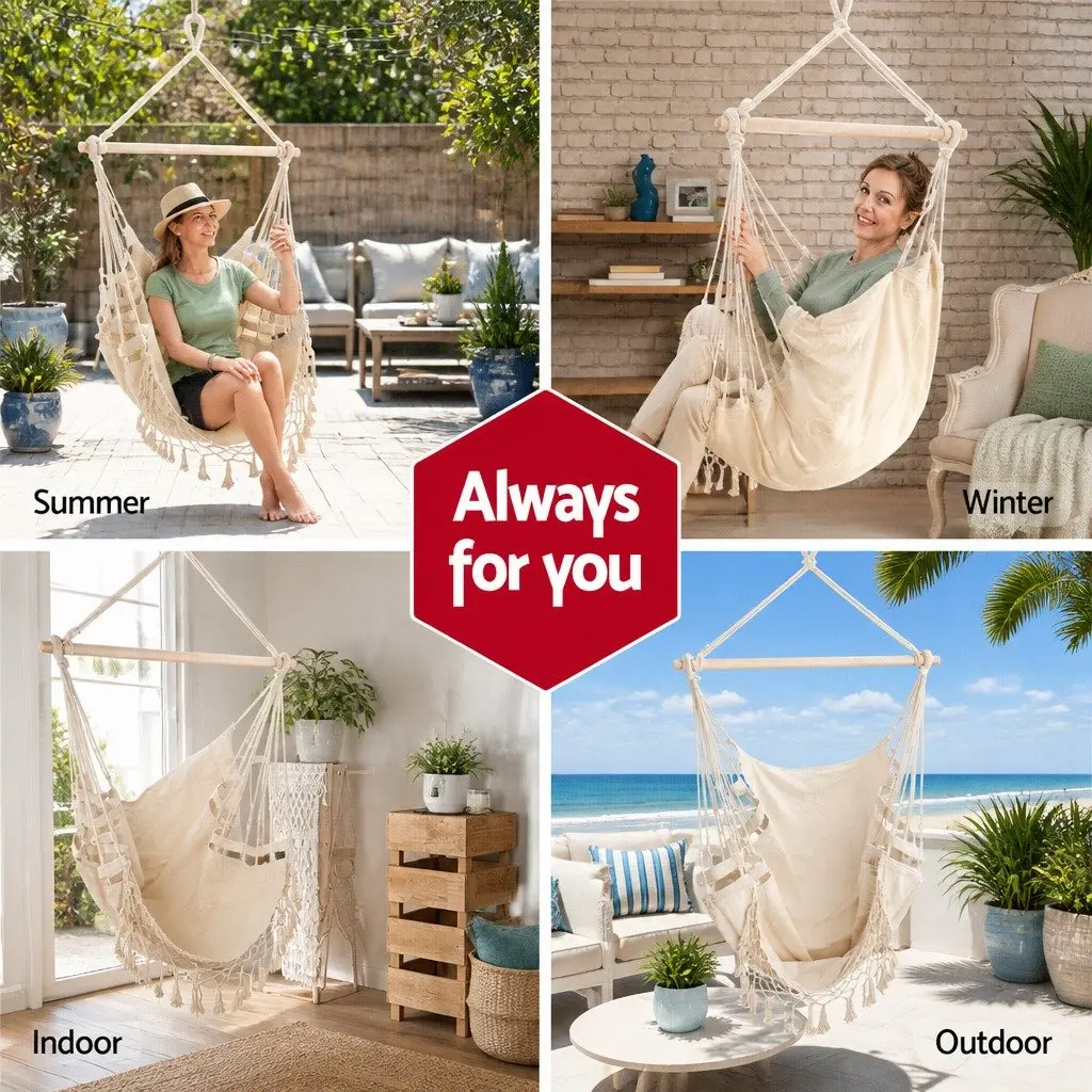 Hammock Chair Polyester Cotton Blend 150 x 90cm Cream Outdoor Swing Relaxation Seat