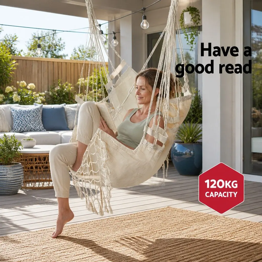 Hammock Chair Polyester Cotton Blend 150 x 90cm Cream Outdoor Swing Relaxation Seat