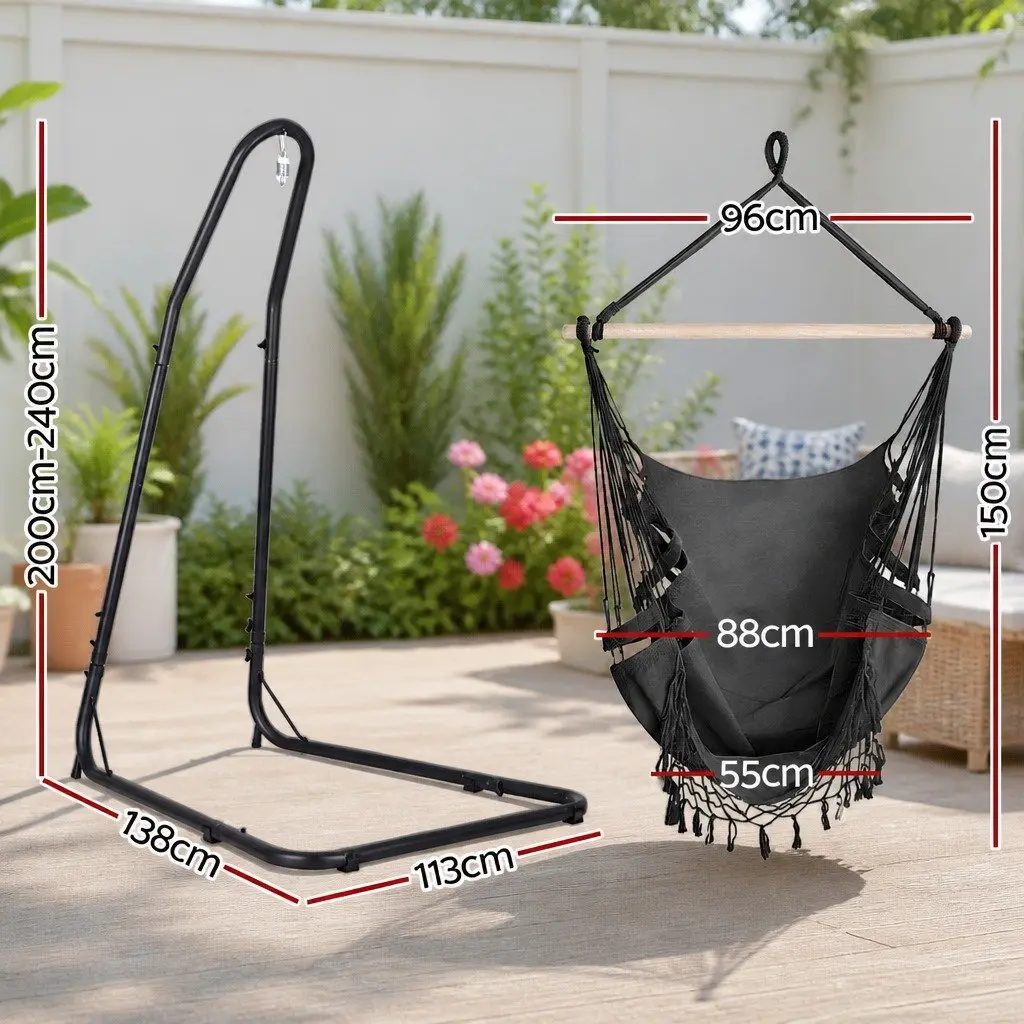 Hammock Chair with Steel Stand Indoor Outdoor Adjustable Grey Black