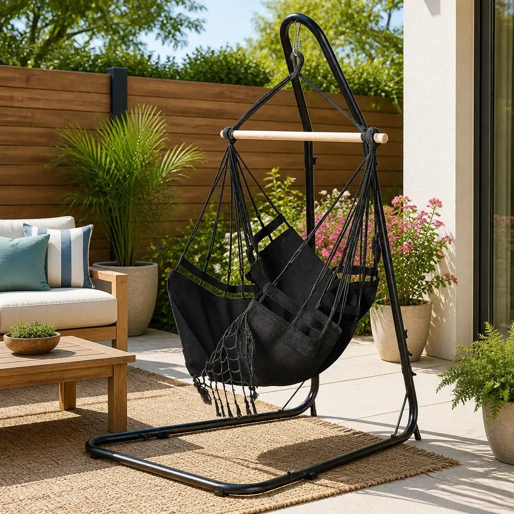 Hammock Chair with Steel Stand Indoor Outdoor Adjustable Grey Black