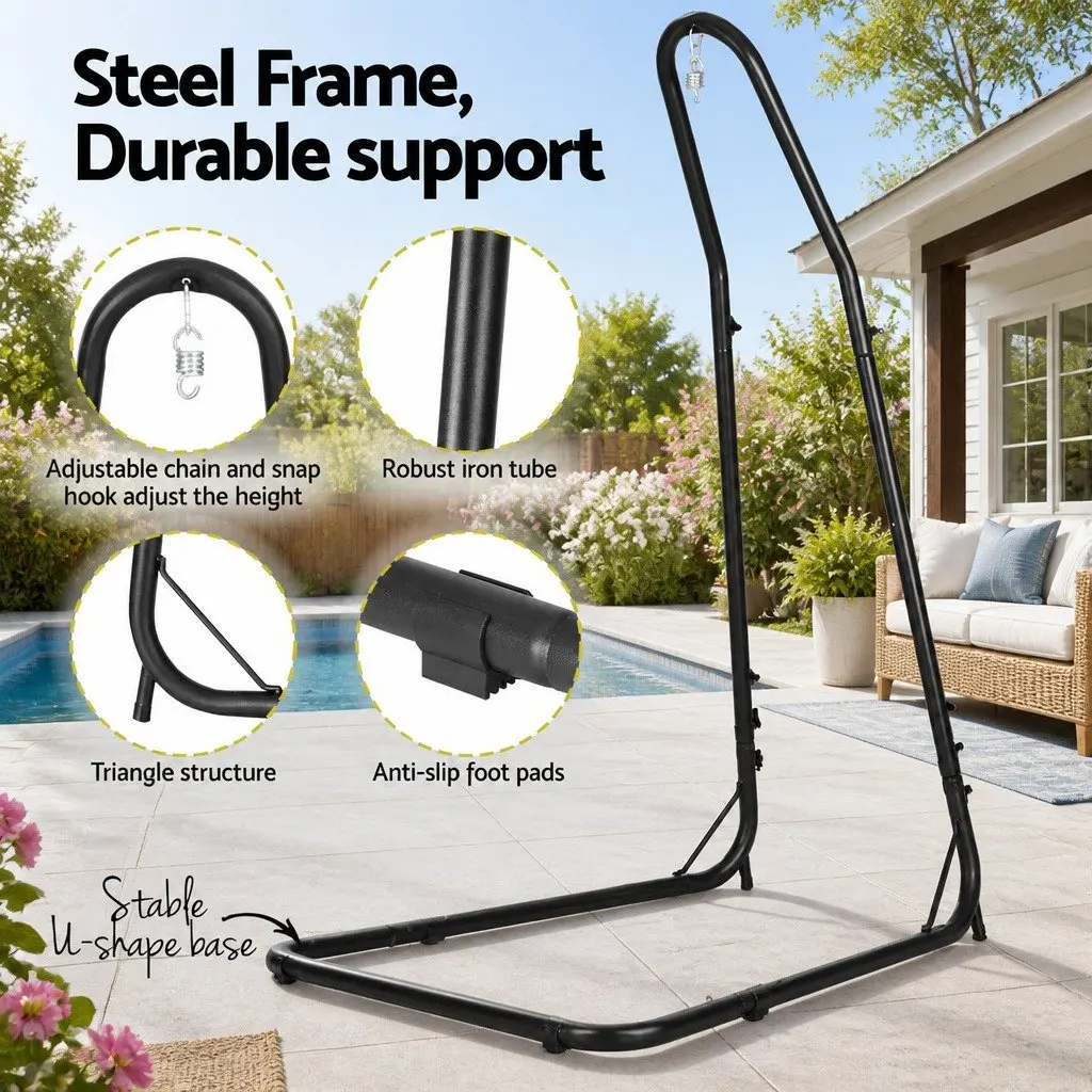 Hammock Chair with Steel Stand Indoor Outdoor Adjustable Grey Black