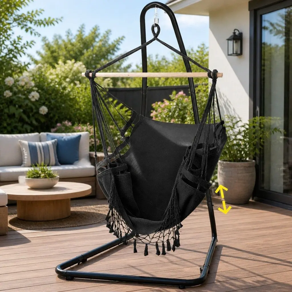 Hammock Chair with Steel Stand Indoor Outdoor Adjustable Grey Black