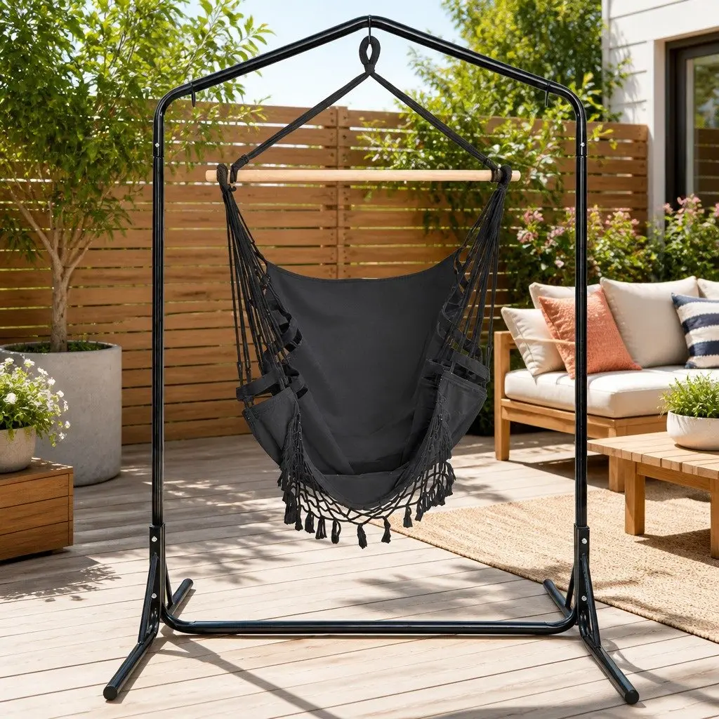 Outdoor Hammock Chair with Stand Grey Hanging Rope Tassel Relaxation Furniture
