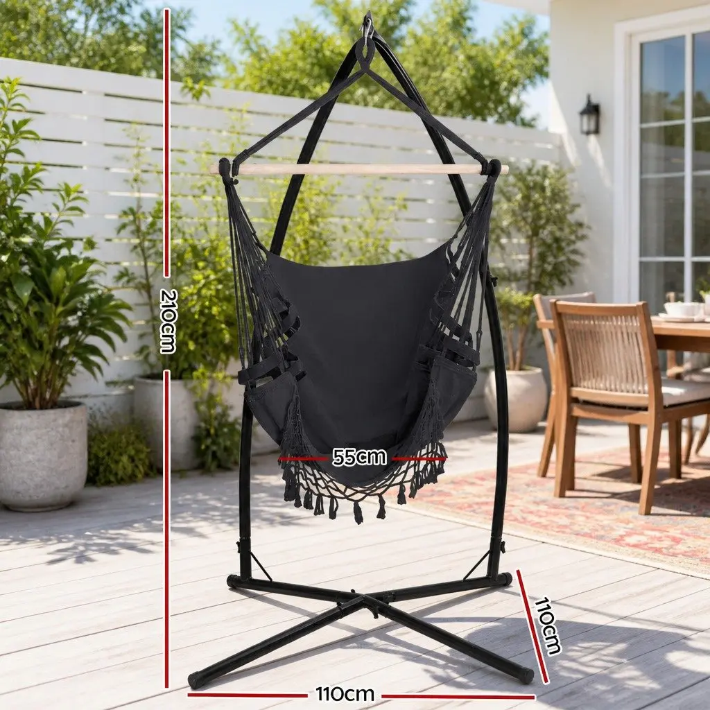 Hammock Chair Polyester Cotton Blend with Steel Stand 150 x 90cm Grey Outdoor Indoor Relaxation Swing