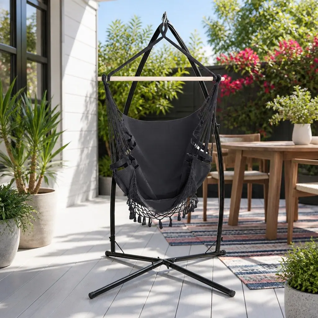 Hammock Chair Polyester Cotton Blend with Steel Stand 150 x 90cm Grey Outdoor Indoor Relaxation Swing