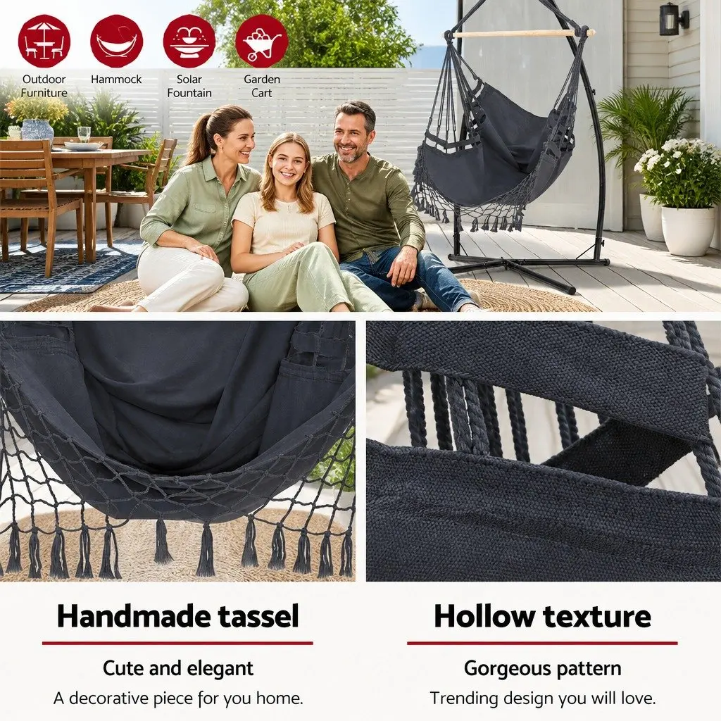 Hammock Chair Polyester Cotton Blend with Steel Stand 150 x 90cm Grey Outdoor Indoor Relaxation Swing
