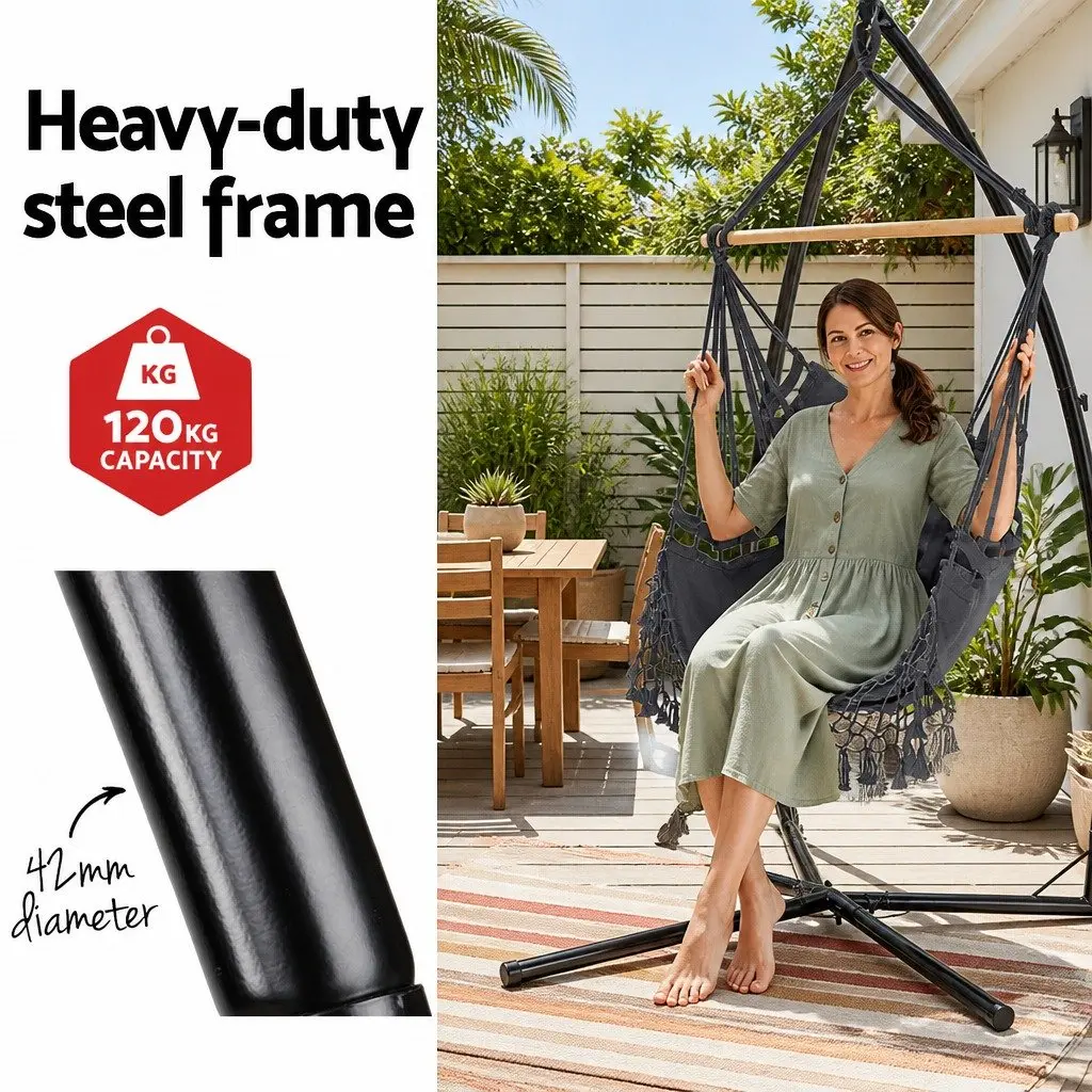 Hammock Chair Polyester Cotton Blend with Steel Stand 150 x 90cm Grey Outdoor Indoor Relaxation Swing