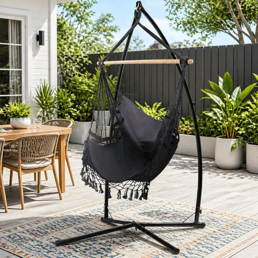 Hammock Chair Polyester Cotton Blend with Steel Stand 150 x 90cm Grey Outdoor Indoor Relaxation Swing
