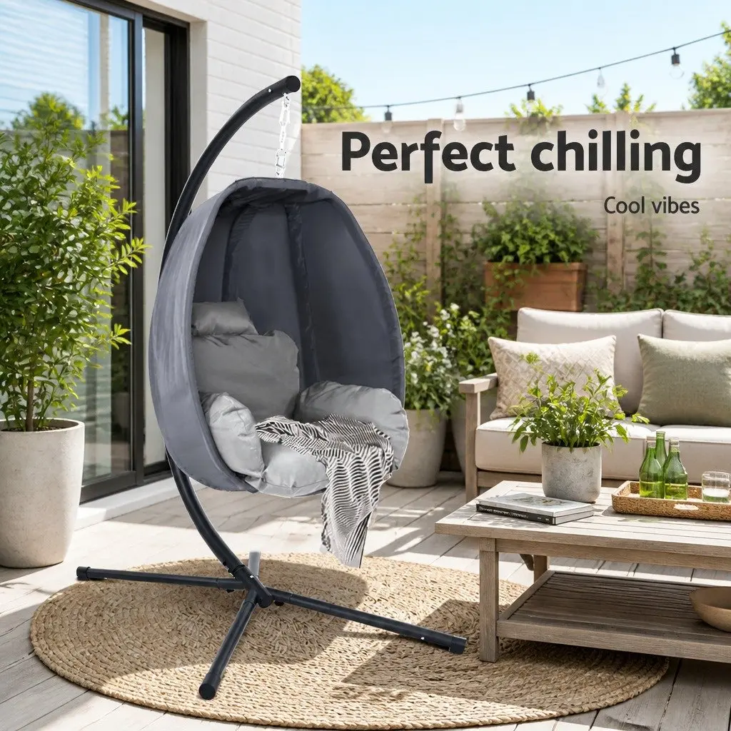 Hanging Egg Pod Chair Outdoor Patio Swing Furniture Foldable Frame 360 Degree Rotating Grey