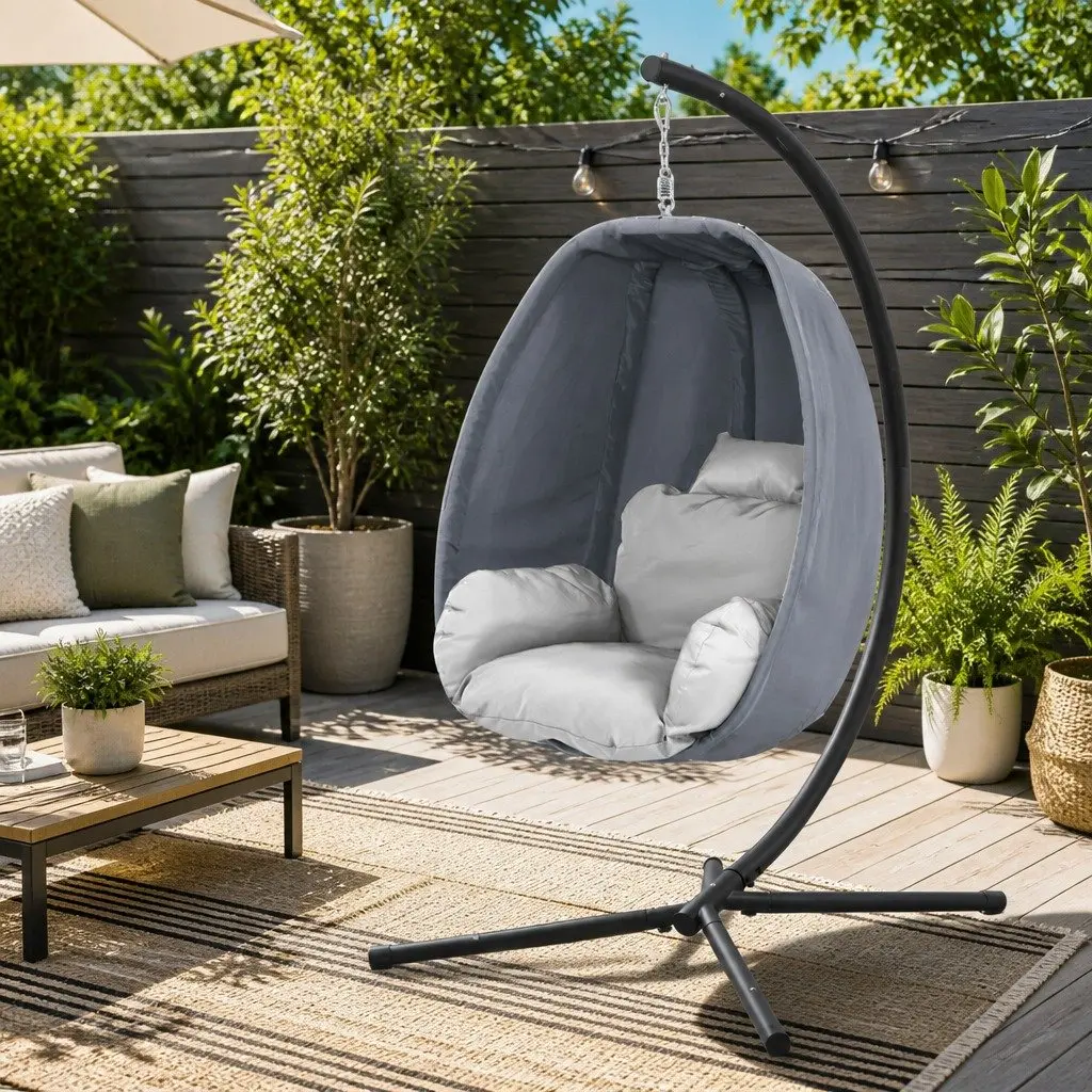 Hanging Egg Pod Chair Outdoor Patio Swing Furniture Foldable Frame 360 Degree Rotating Grey