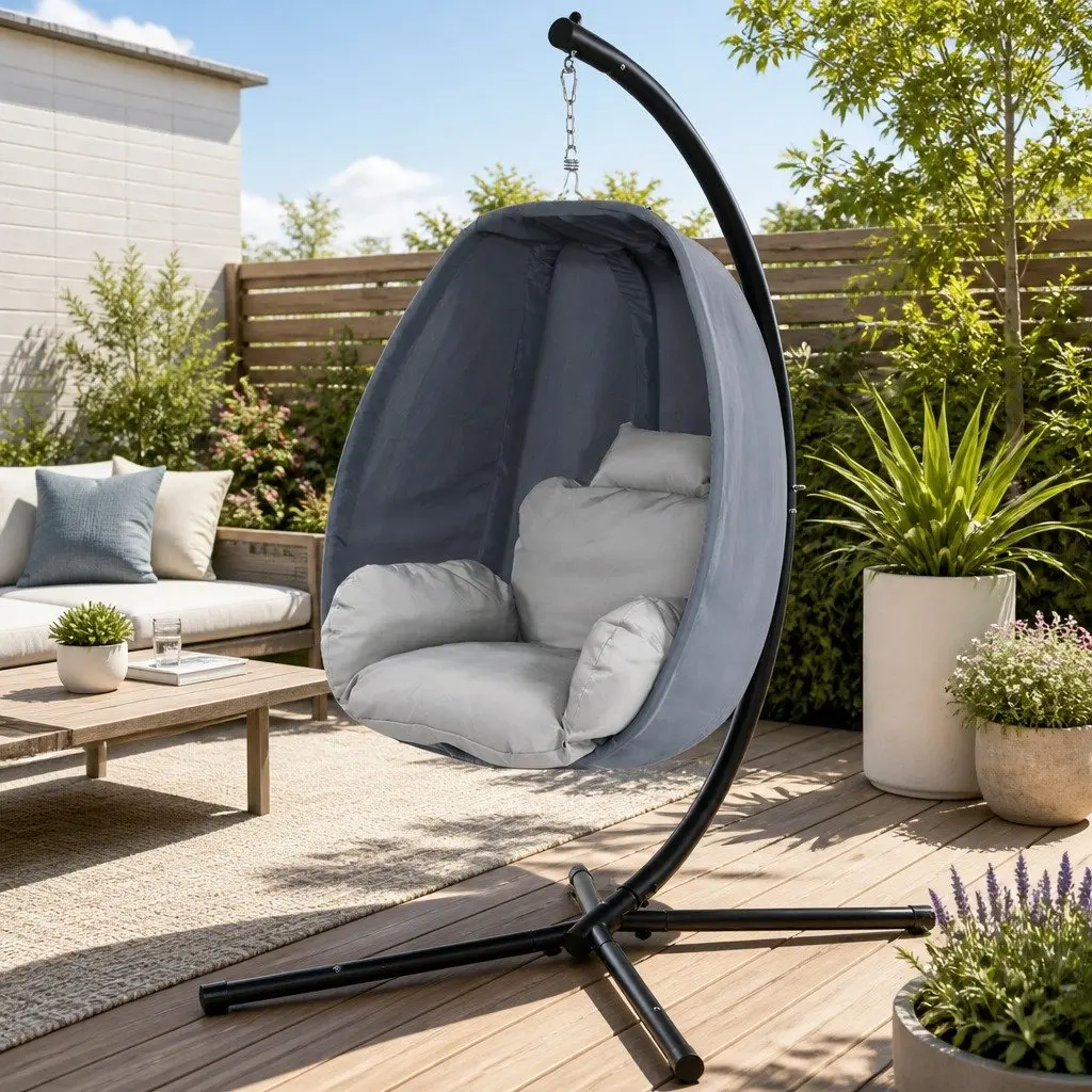 Hanging Egg Pod Chair Outdoor Patio Swing Furniture Foldable Frame 360 Degree Rotating Grey