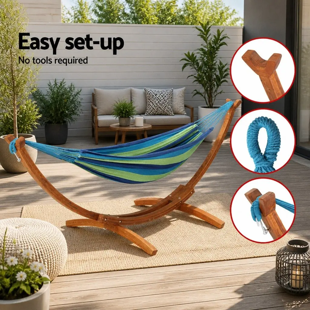 Hammock Bed Wooden Stand 2-Person Sky Blue