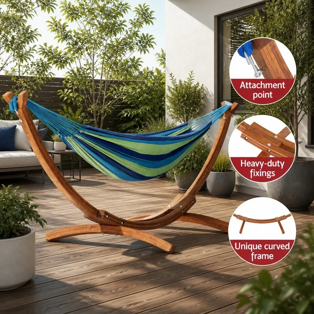 Hammock Bed Wooden Stand 2-Person Sky Blue