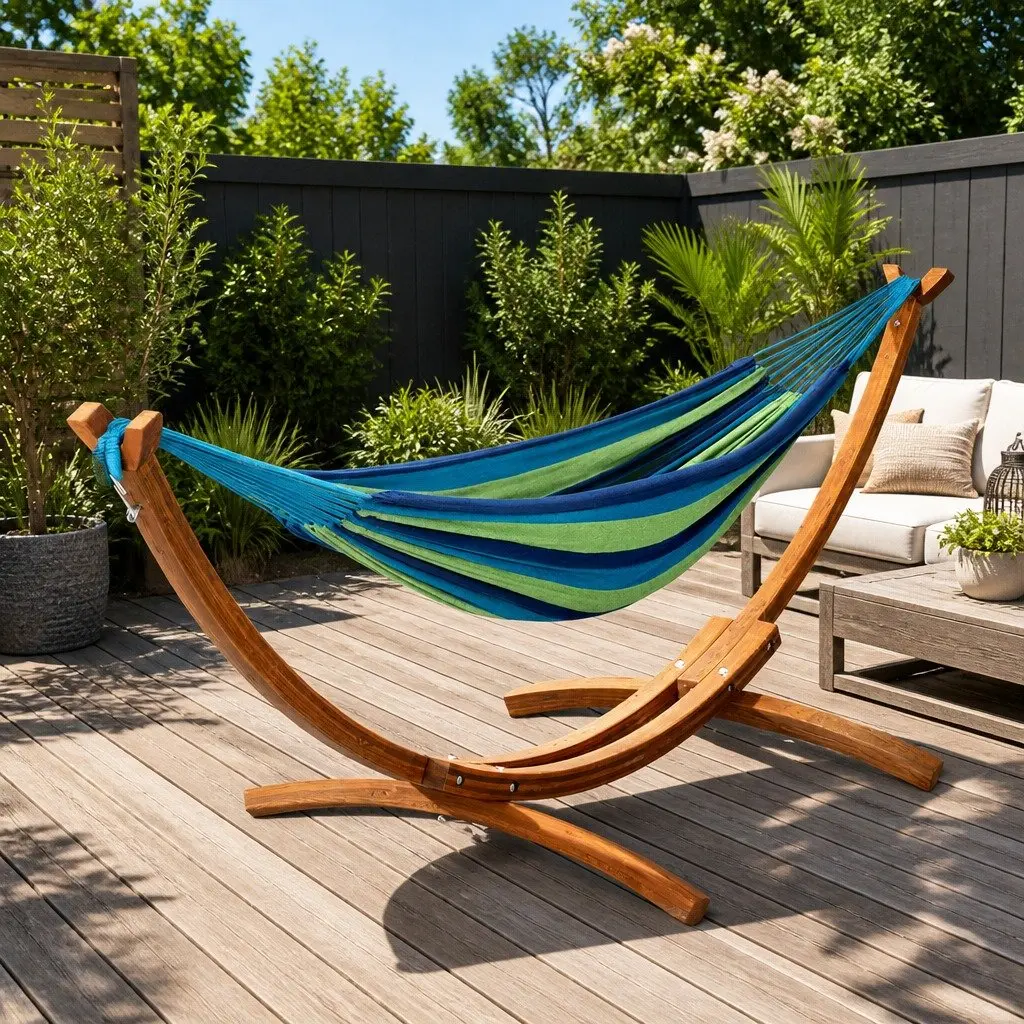 Hammock Bed Wooden Stand 2-Person Sky Blue
