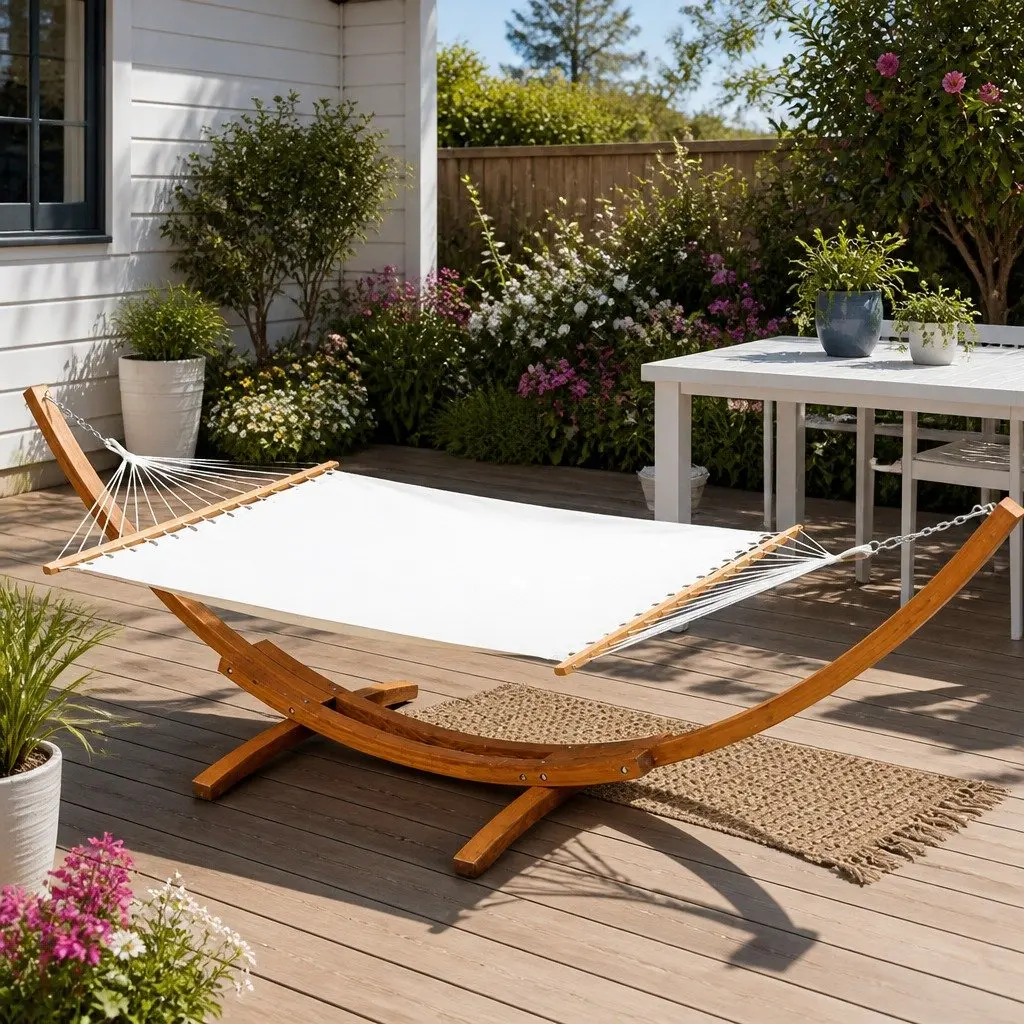 Hammock Bed Timber Stand Frame 2-Person Polyester-Cotton Cream