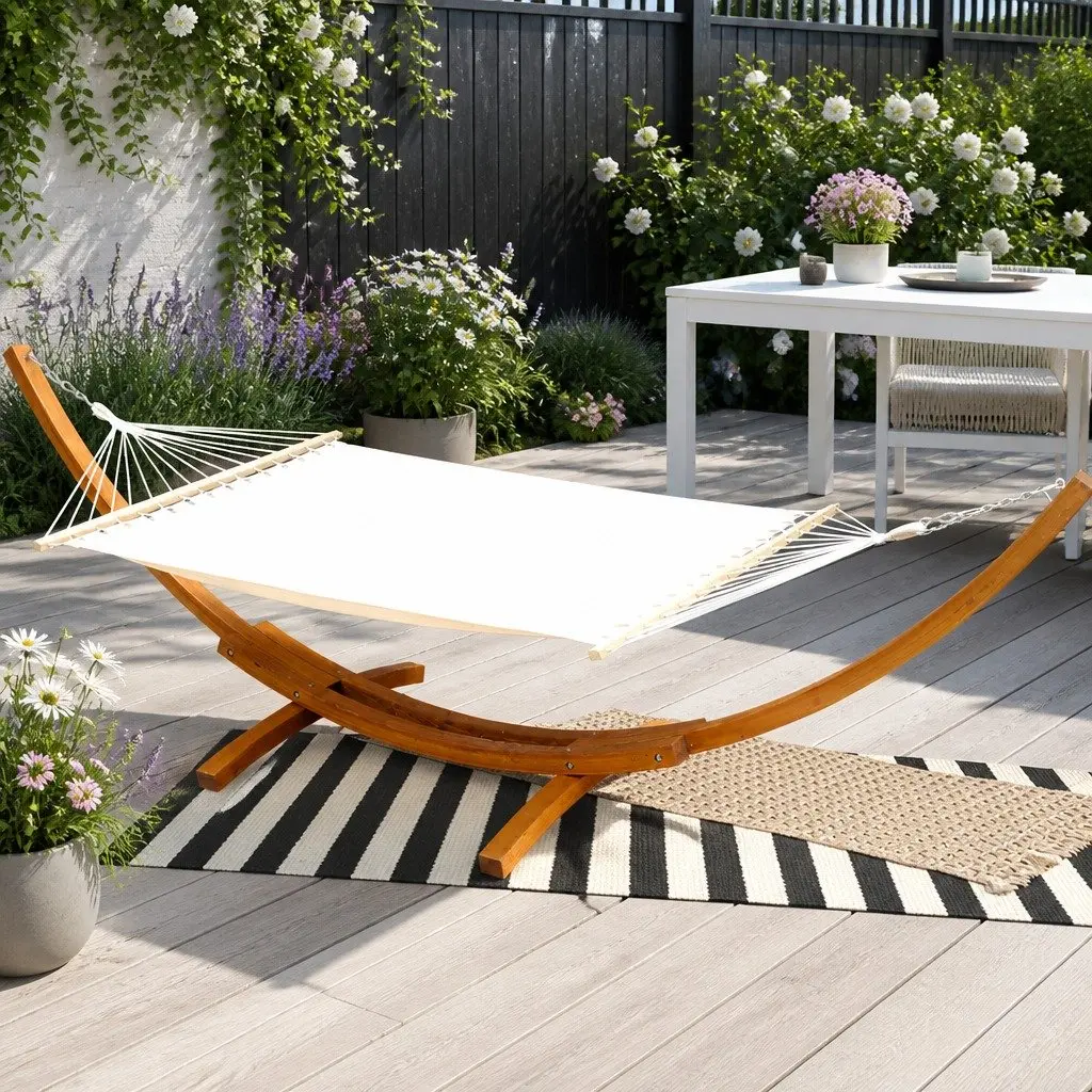 Hammock Bed Timber Stand Frame 2-Person Polyester-Cotton Cream