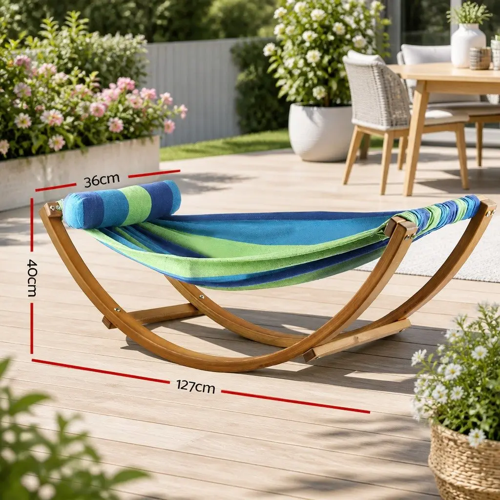 Hammock Bed Curved Larch Wooden Frame Sky Blue Polyester Cotton Blend Single Person Outdoor Camping Relax Swing Stand