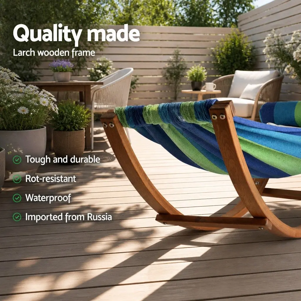 Hammock Bed Curved Larch Wooden Frame Sky Blue Polyester Cotton Blend Single Person Outdoor Camping Relax Swing Stand