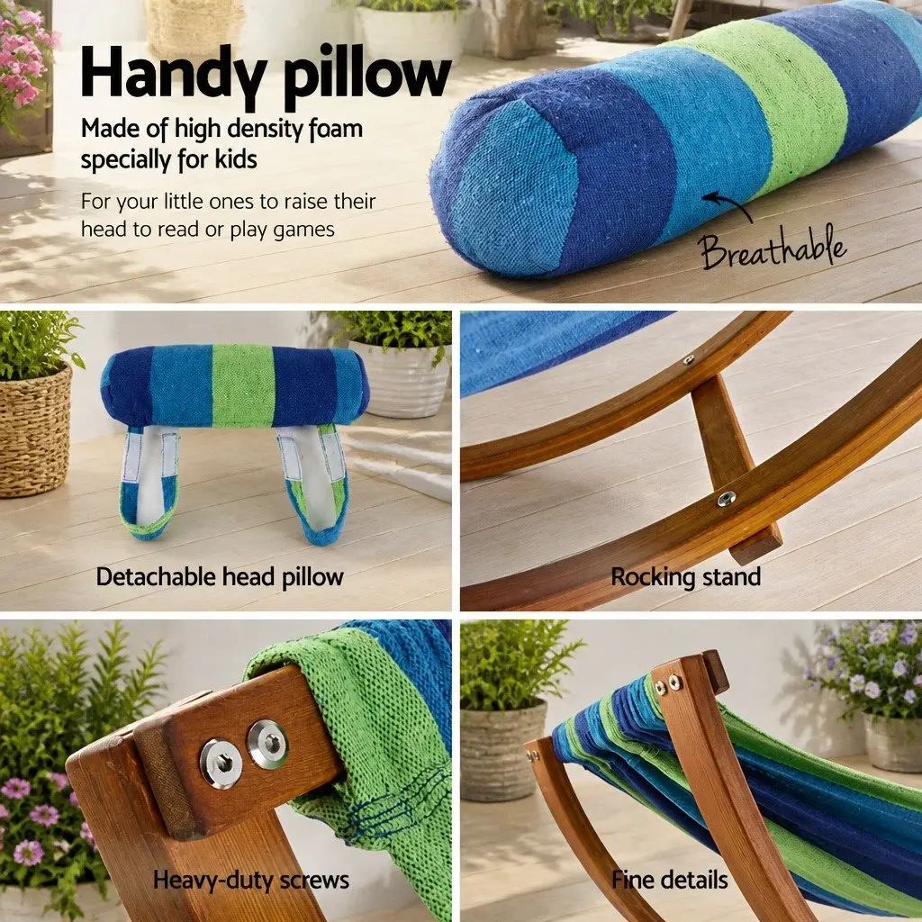 Hammock Bed Curved Larch Wooden Frame Sky Blue Polyester Cotton Blend Single Person Outdoor Camping Relax Swing Stand