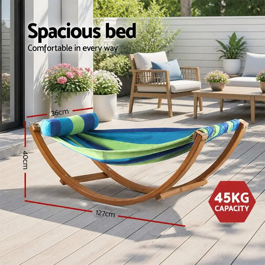 Hammock Bed Curved Larch Wooden Frame Sky Blue Polyester Cotton Blend Single Person Outdoor Camping Relax Swing Stand