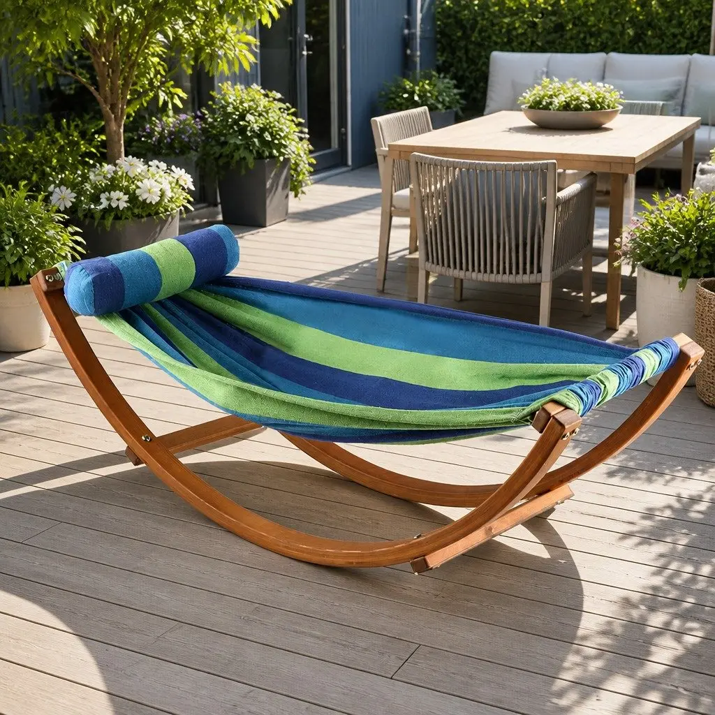 Hammock Bed Curved Larch Wooden Frame Sky Blue Polyester Cotton Blend Single Person Outdoor Camping Relax Swing Stand