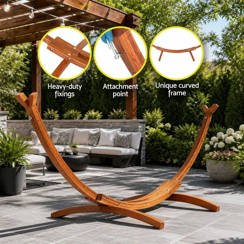 Hammock Bed Stand Larch Wood Frame 315cm Curved Outdoor Indoor 2 Person