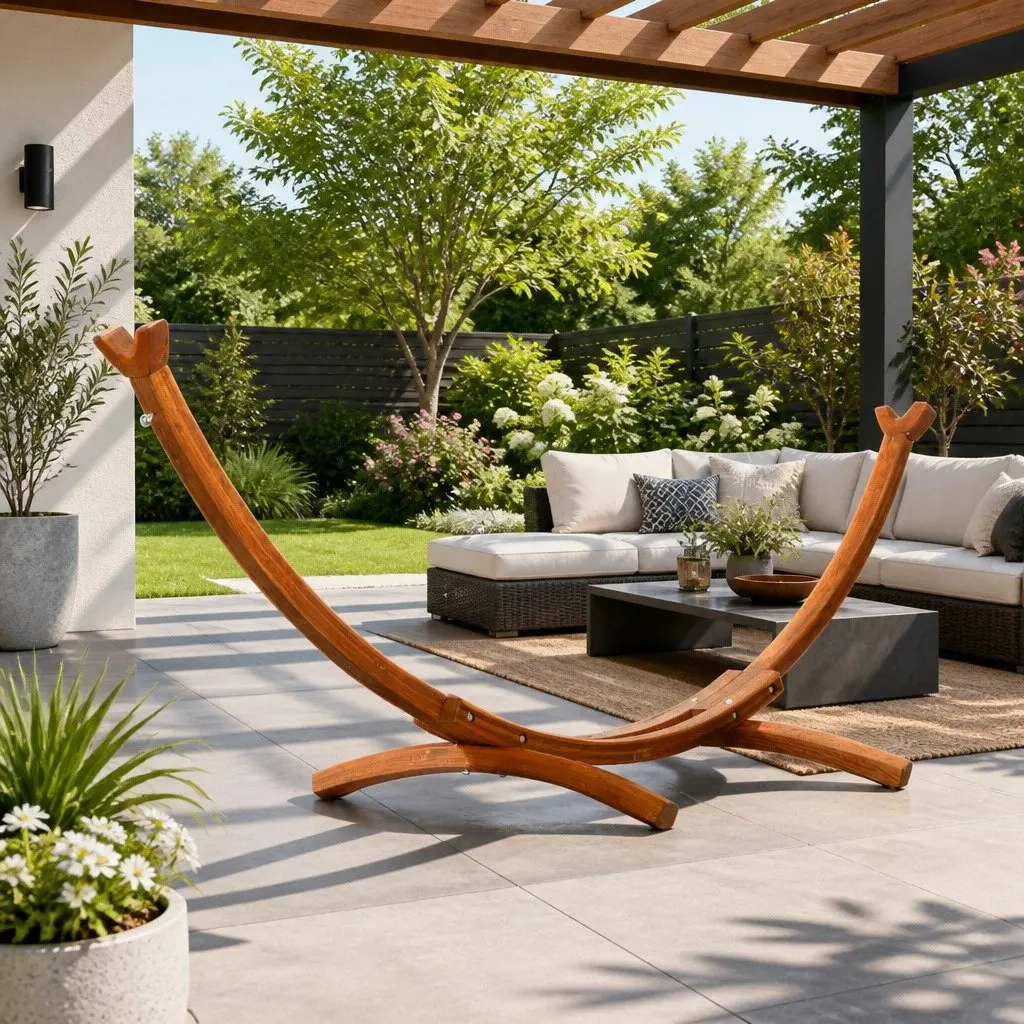 Hammock Bed Stand Larch Wood Frame 315cm Curved Outdoor Indoor 2 Person