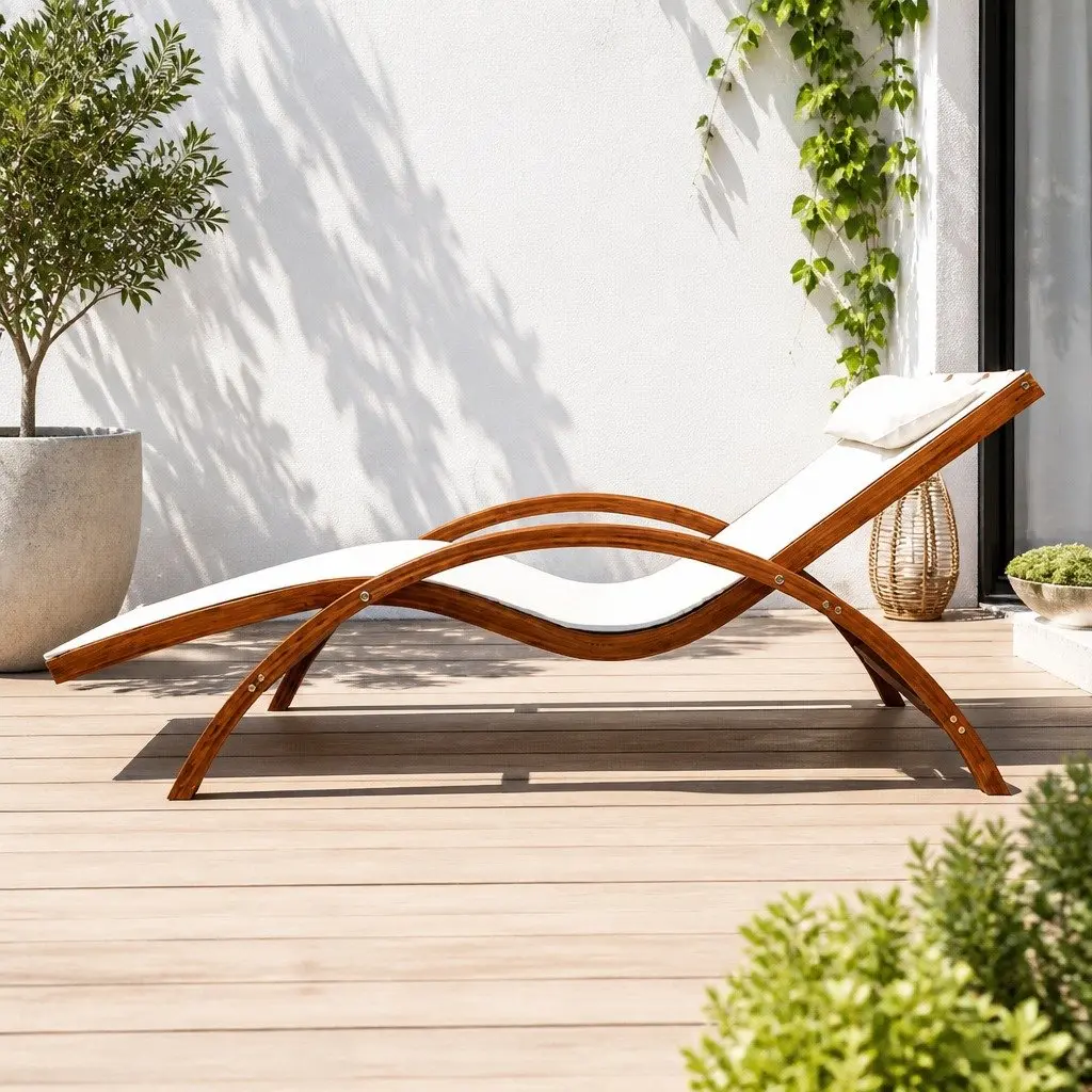 Sun Lounge Outdoor Timber Armchair Curved Larch Wooden Frame Cream Textilene Mesh Seat