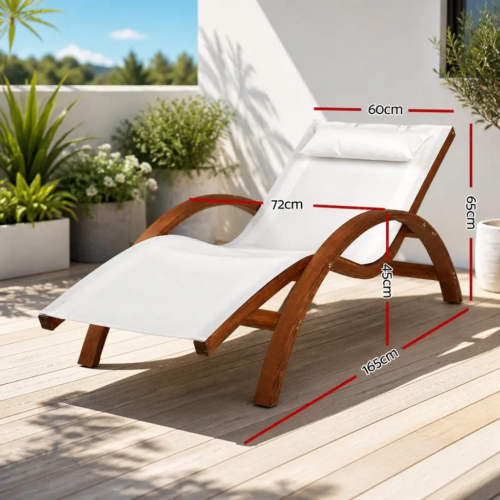 Sun Lounge Outdoor Timber Armchair Curved Larch Wooden Frame Cream Textilene Mesh Seat