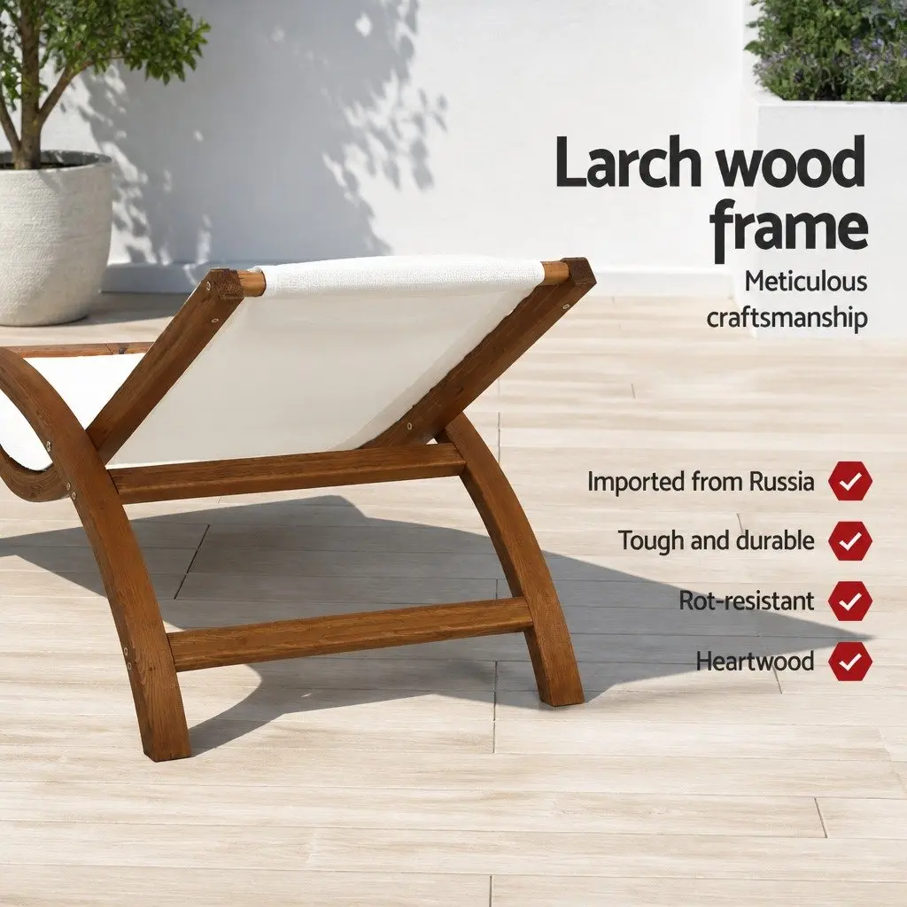 Sun Lounge Outdoor Timber Armchair Curved Larch Wooden Frame Cream Textilene Mesh Seat