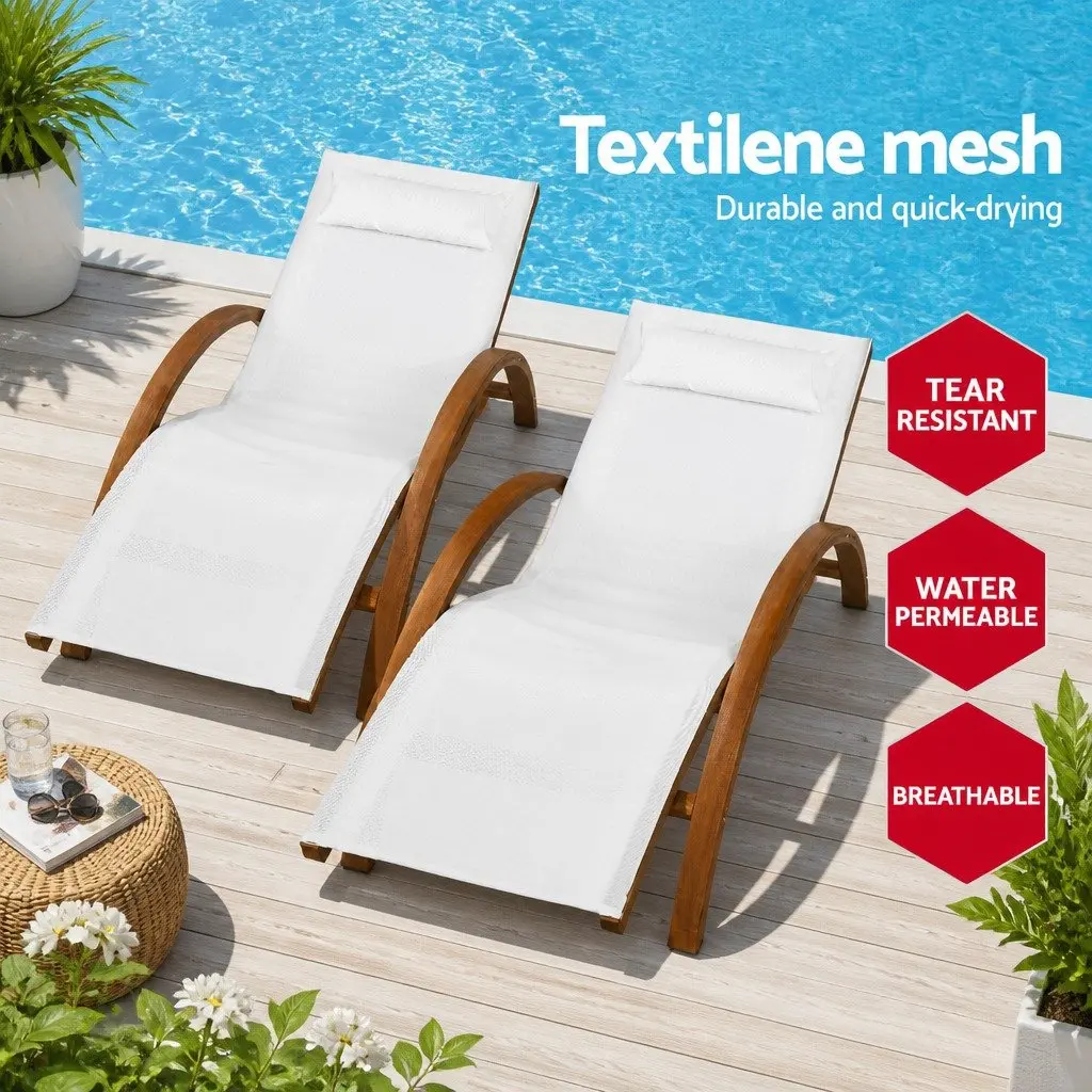 Sun Lounge Outdoor Timber Armchair Curved Larch Wooden Frame Cream Textilene Mesh Seat